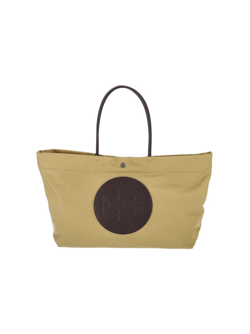 Tory Burch Ella Twist Beige Fabric Tote Bag With Contrast Patch