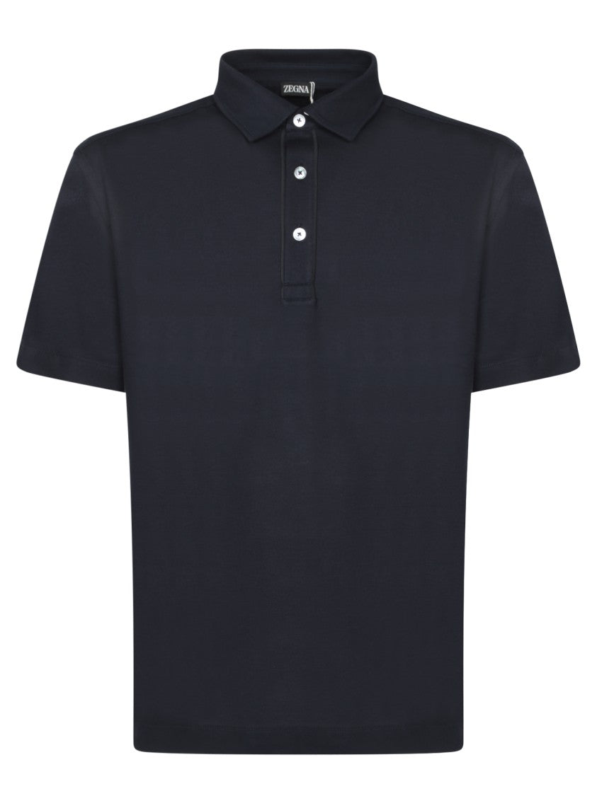 Zegna Blue Piquet Polo With Leather