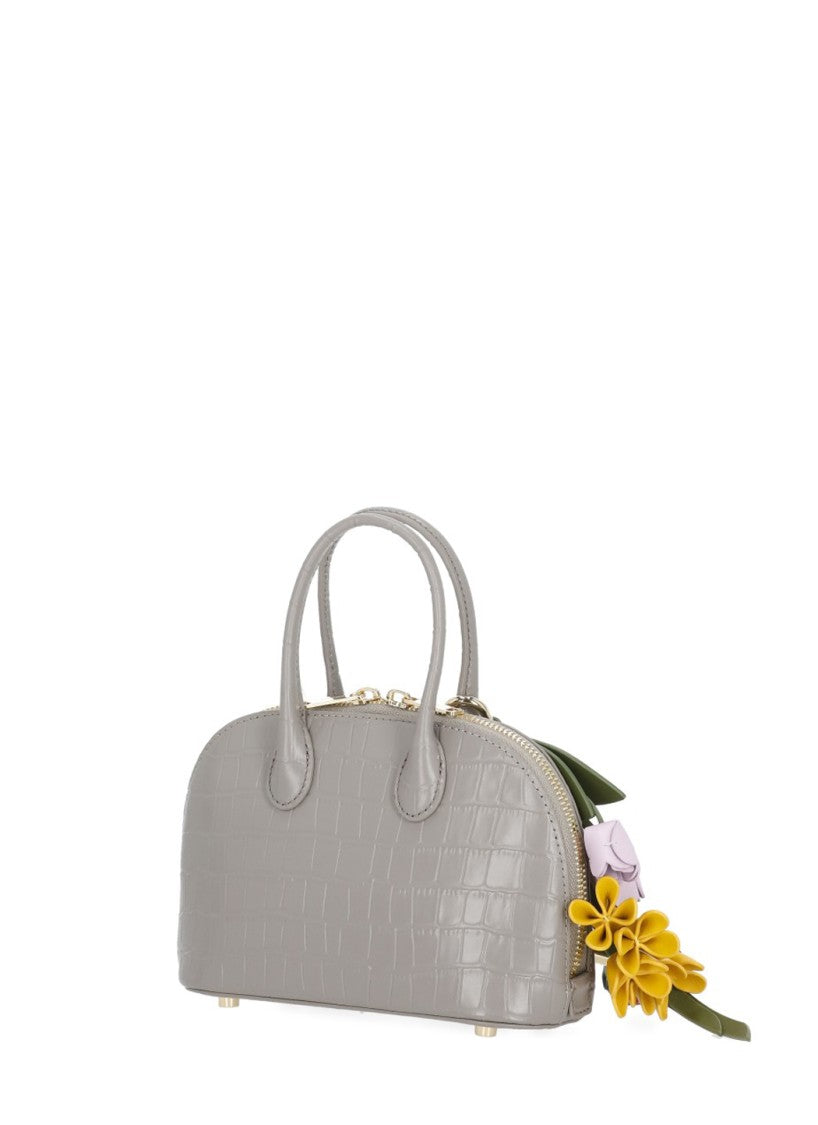 Self-Portrait Structured Crocodile-Embossed Grey Handbag With Decorative Charms