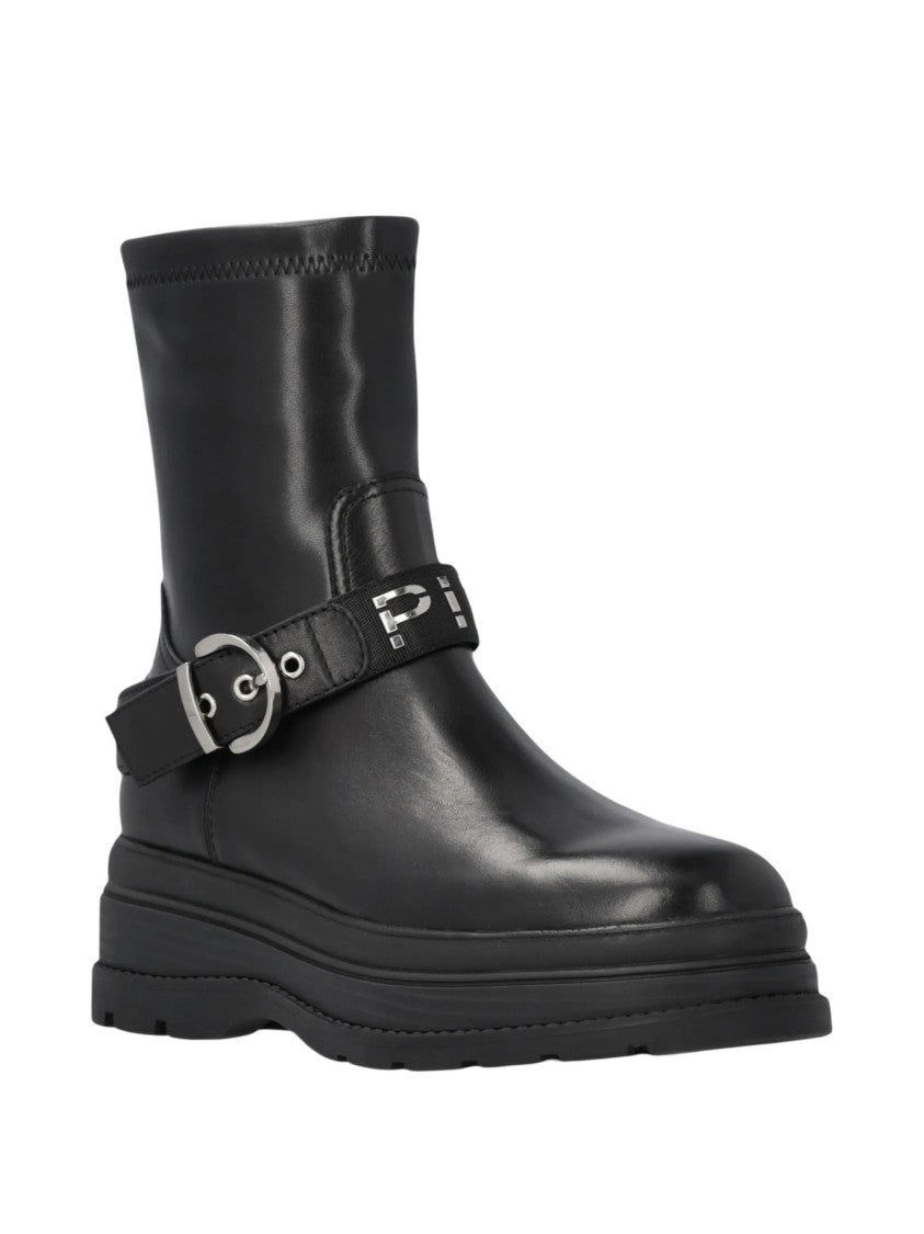 Pinko Ankle Boots With Silver Buckle And Sturdy Sole