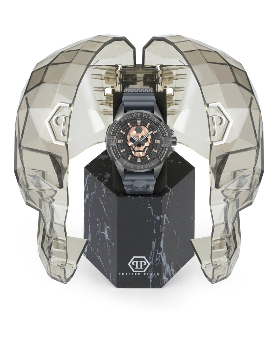 Philipp Plein 44Mm Gunmetal Skull Design Watch With Grey Silicone Strap