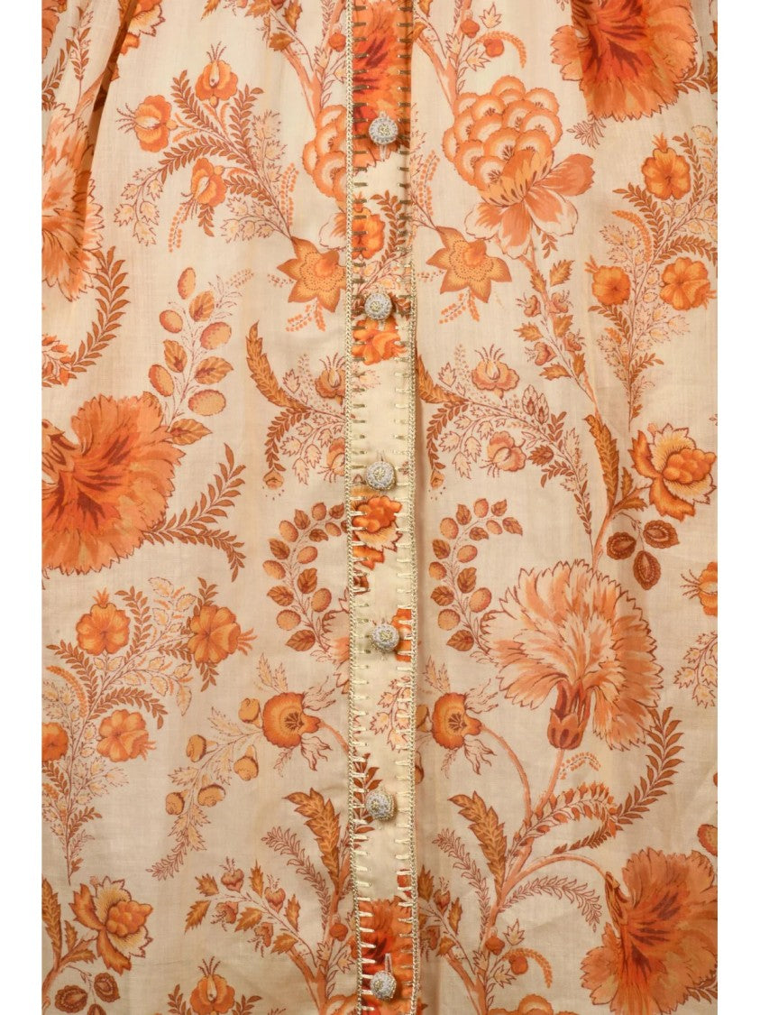 Zimmermann Mandarin Collar Puff Sleeve Shirt With Floral Pattern And Gathered Yoke