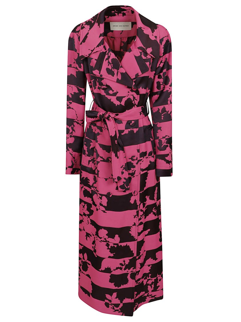 Dries Van Noten Abstract Floral Printed Midi Trench Coat With Belt
