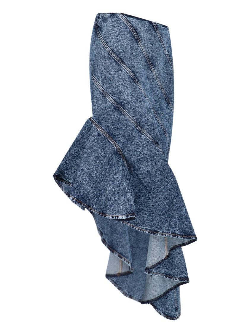 Alaïa Spiral Design Denim Midi Skirt With Hem