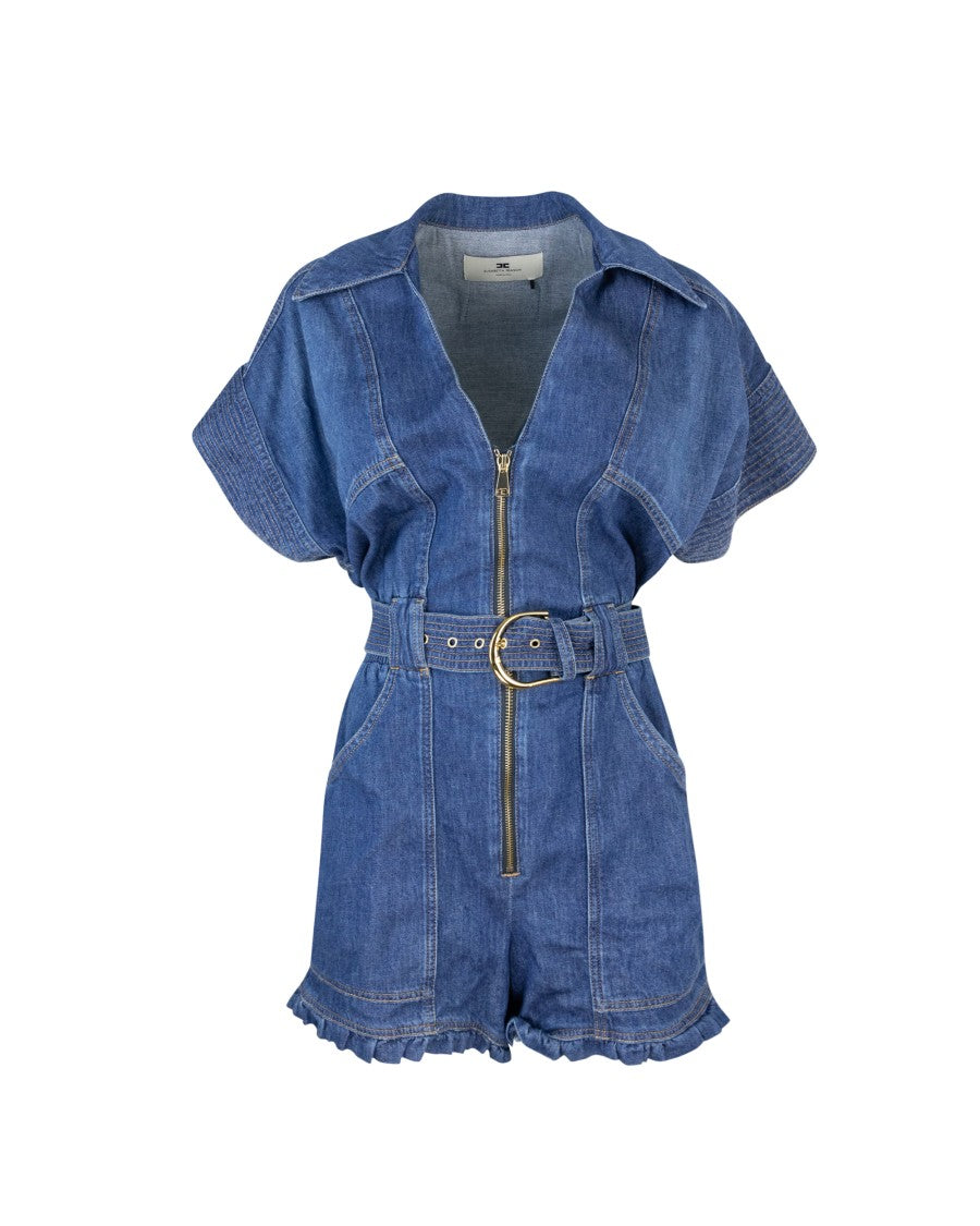 Elisabetta Franchi Short Denim Jumpsuit With Belt
