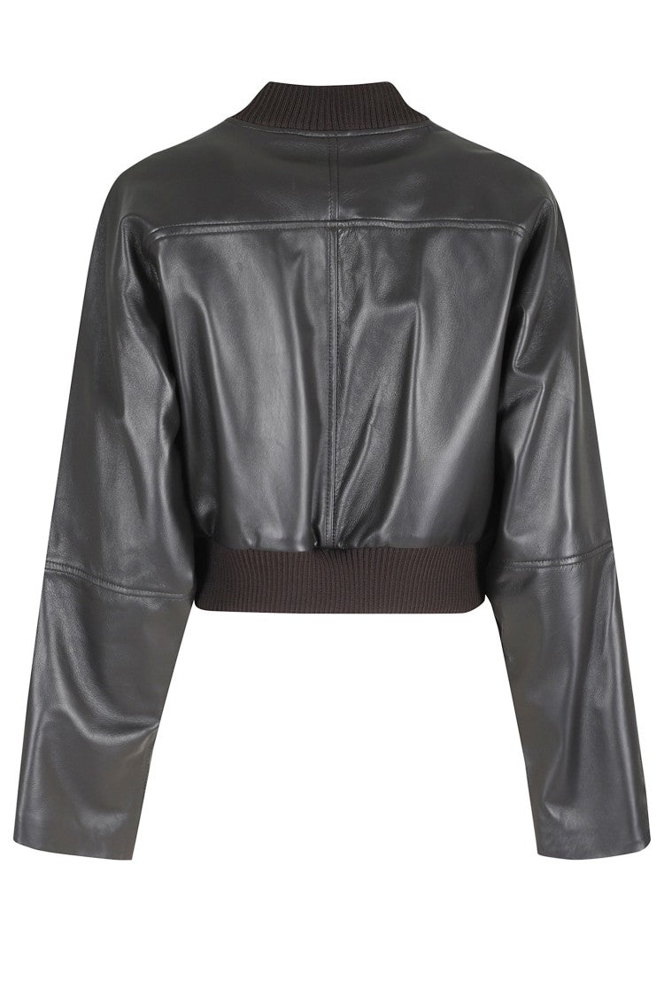 Erika Cavallini Brown Omar Ribbed-Finish Zipper-Cuff Leather Bomber Jacket