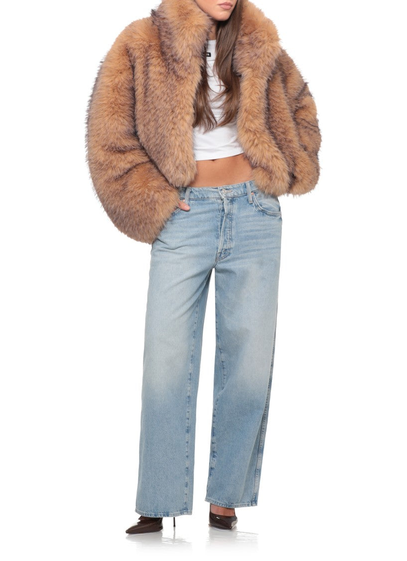 Rotate Beige Cropped High-Neck Fur Jacket