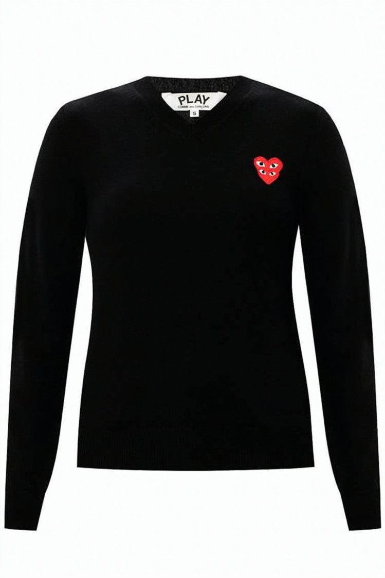 Comme Des Garçons V-Neck Wool Sweater With Heart Emblem