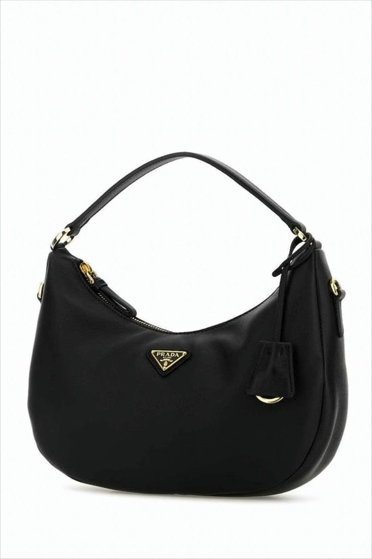 Prada Minimalist Crescent Black Shoulder Bag With Gold-Tone Accents