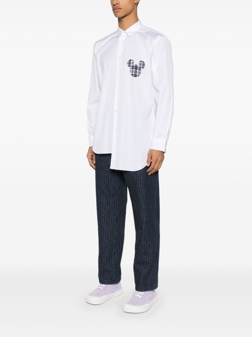 Comme Des Garçons Classic White Shirt With Plaid Mickey Mouse Patch
