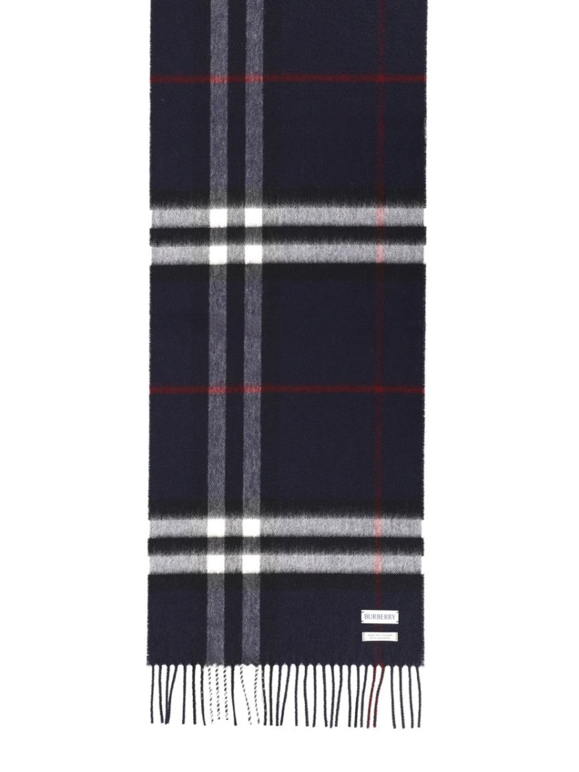 Burberry Navy Check Fringed Cashmere Scarf