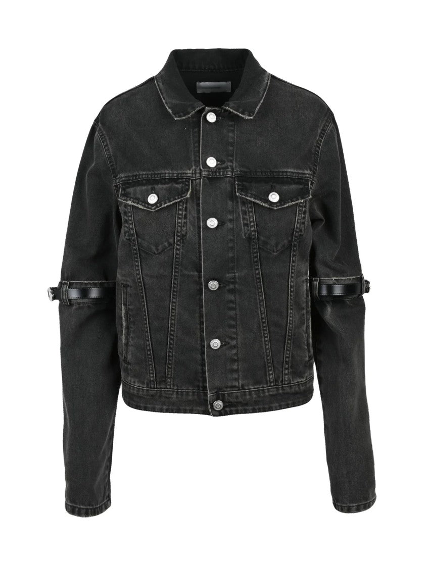Coperni Cropped Black Denim Jacket With Leather Strap Details