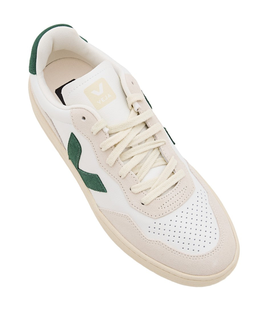 Veja White/Green V-90 Leather Low-Top Sneakers