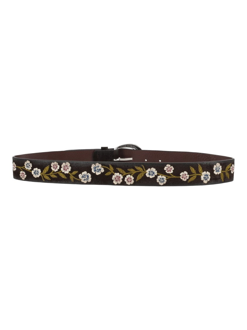 Claudio Orciani Peach Ramage Floral-Embroidered Slim Belt