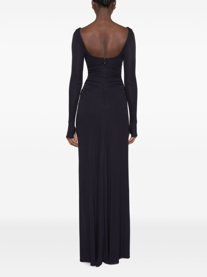 Elisabetta Franchi Fitted Mini Dress With Long Overlay Skirt And Gold Buckle