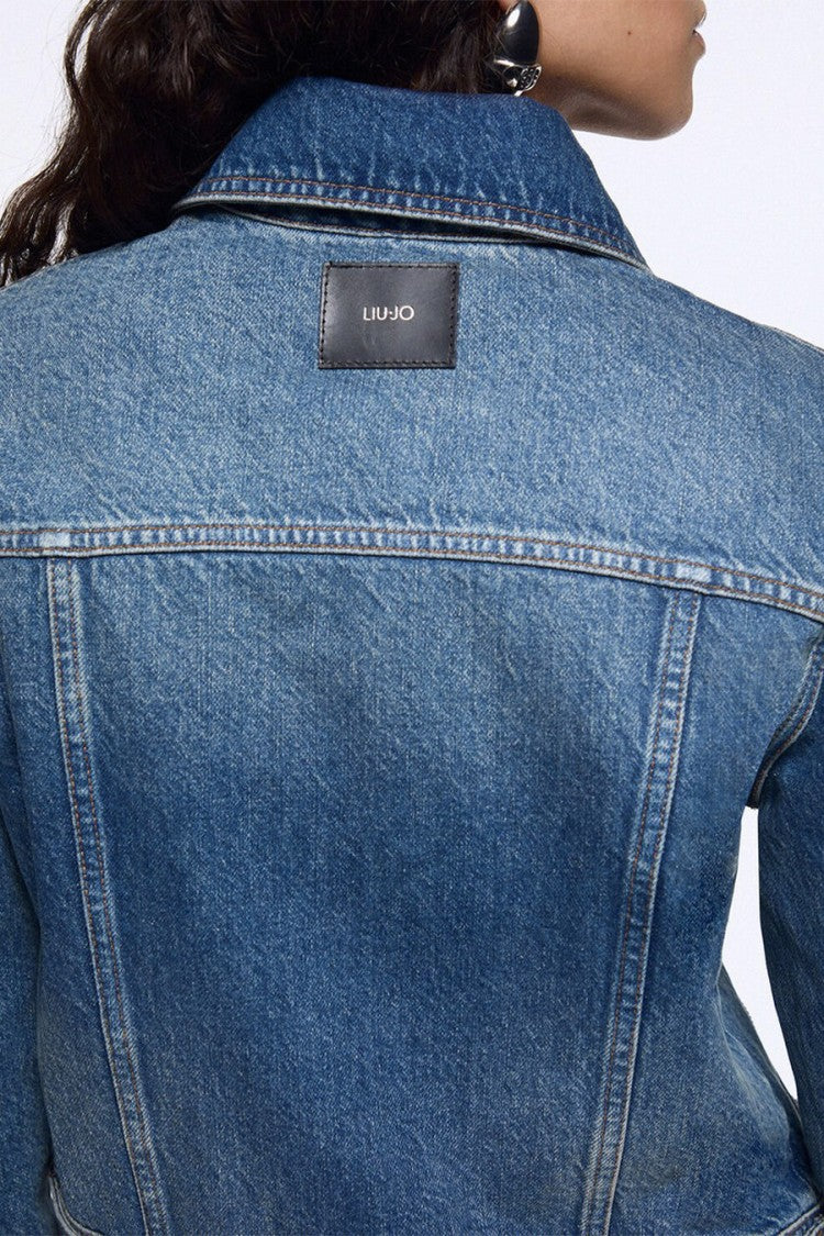 Liu Jo X Capsule 1 Elodie Mid Blue Faded-Wash Cropped Denim Jacket