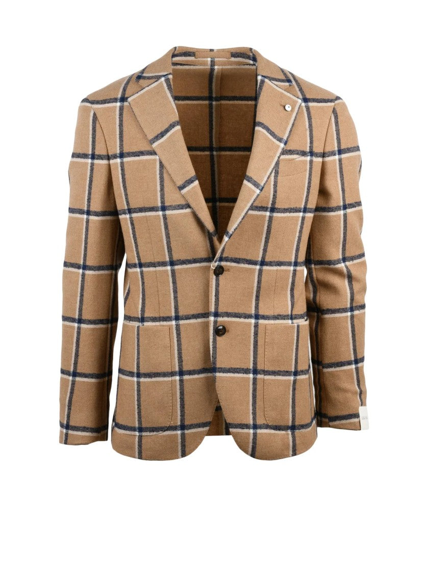L.B.M. 1911 Beige And Blue Checked Fitted Jacket With Classic Lapel