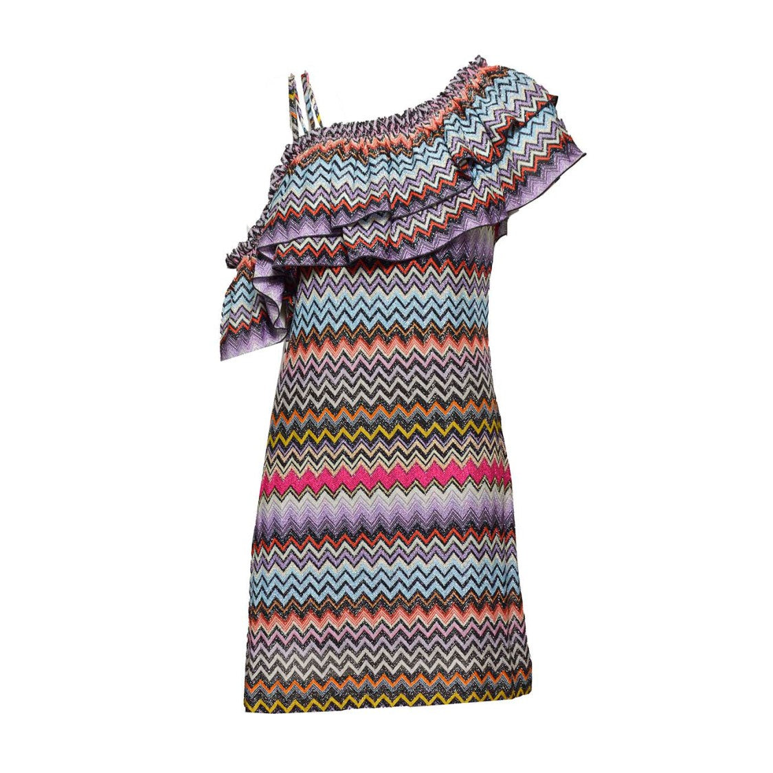 Missoni Multicolored Chevron Viscose One-Shoulder Short Dress With Lurex