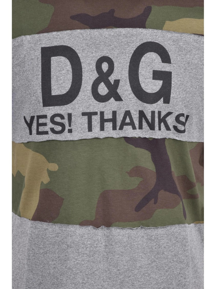 Dolce & Gabbana Grey/Green Two-Tone Bold Text Cotton T-Shirt