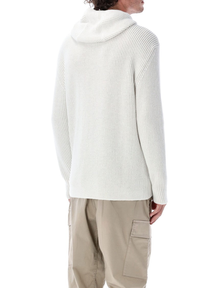 C.P. Company White Ribbed Knit Hooded Cardigan