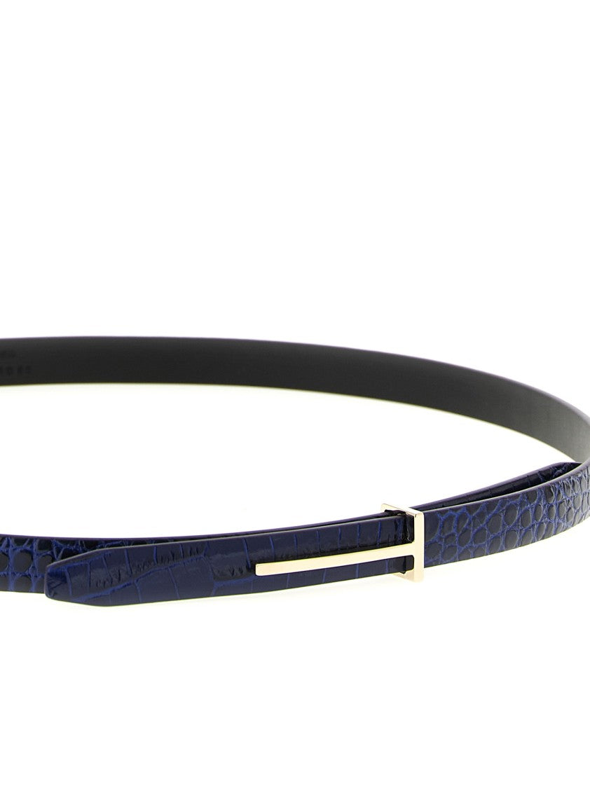 Tom Ford Reversible Crocodile-Effect Leather Belt With Metal Logo Buckle