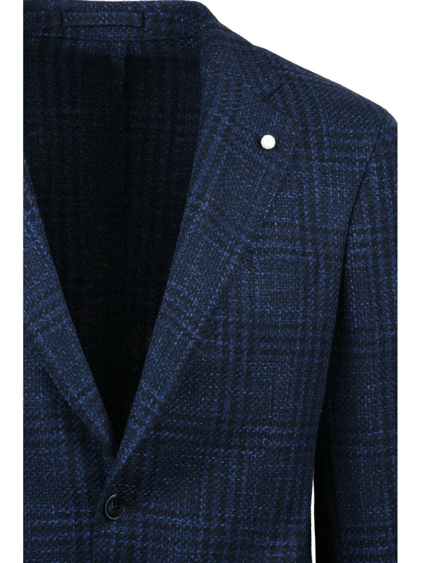 Luigi Bianchi Round Silhouette Blue Wool-Silk Jacket With Subtle Check Pattern