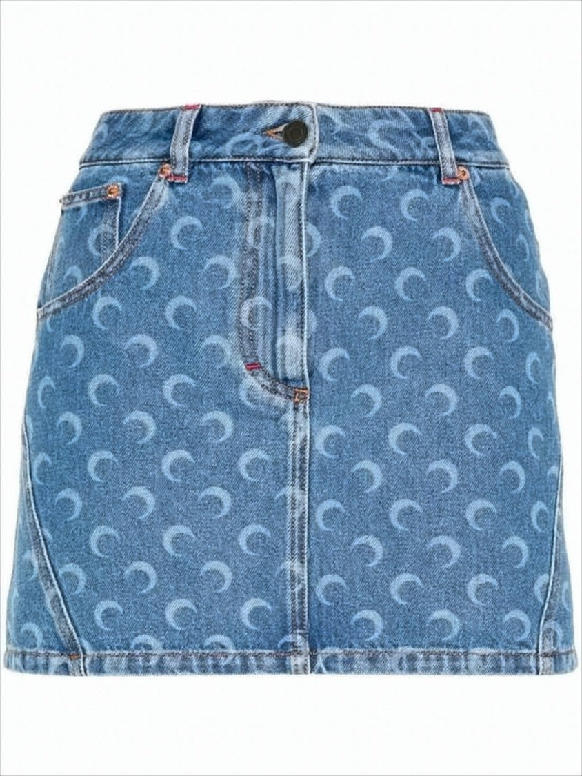 Marine Serre Mini Denim Skirt With Crescent Moon Pattern