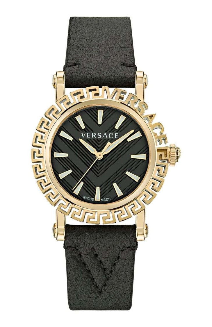 Versace Black Greca Glam Pvd Leather Wristwatch