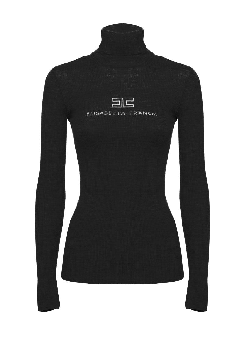 Elisabetta Franchi High Neck Rib Wool Sweater With Logo Embroidery