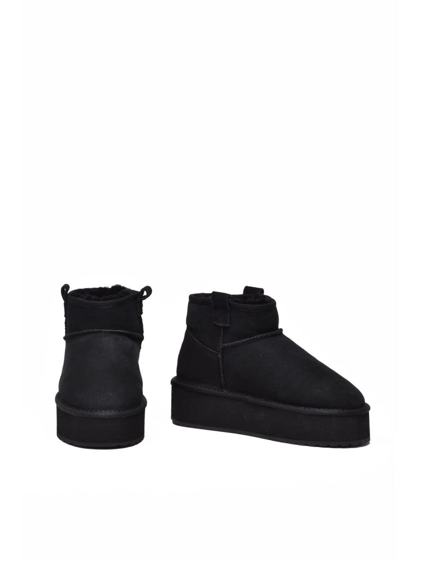 Emu Australia Black Leather Fur Wedge Ankle Boots