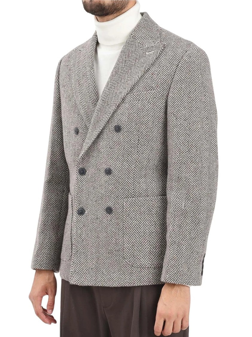 Selected Brown Double-Breasted Herringbone Wool-Blend Blazer