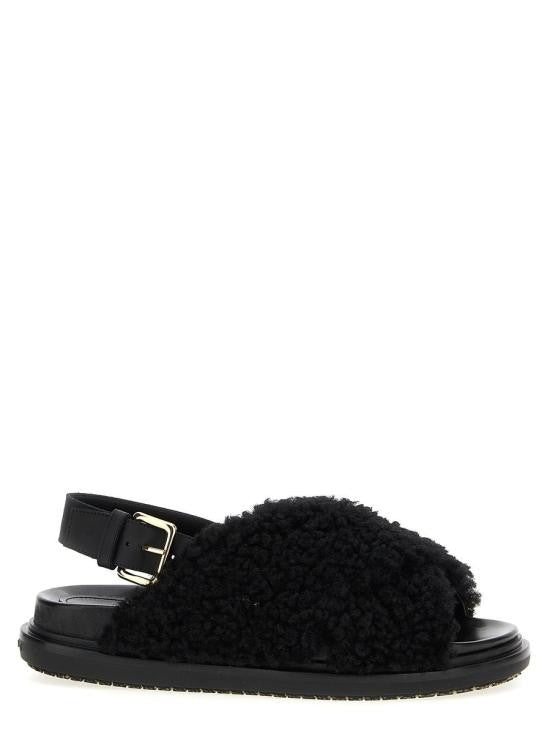 Marni Plush Textured Black Sandals With Slingback Strap And Metallic Buckle
