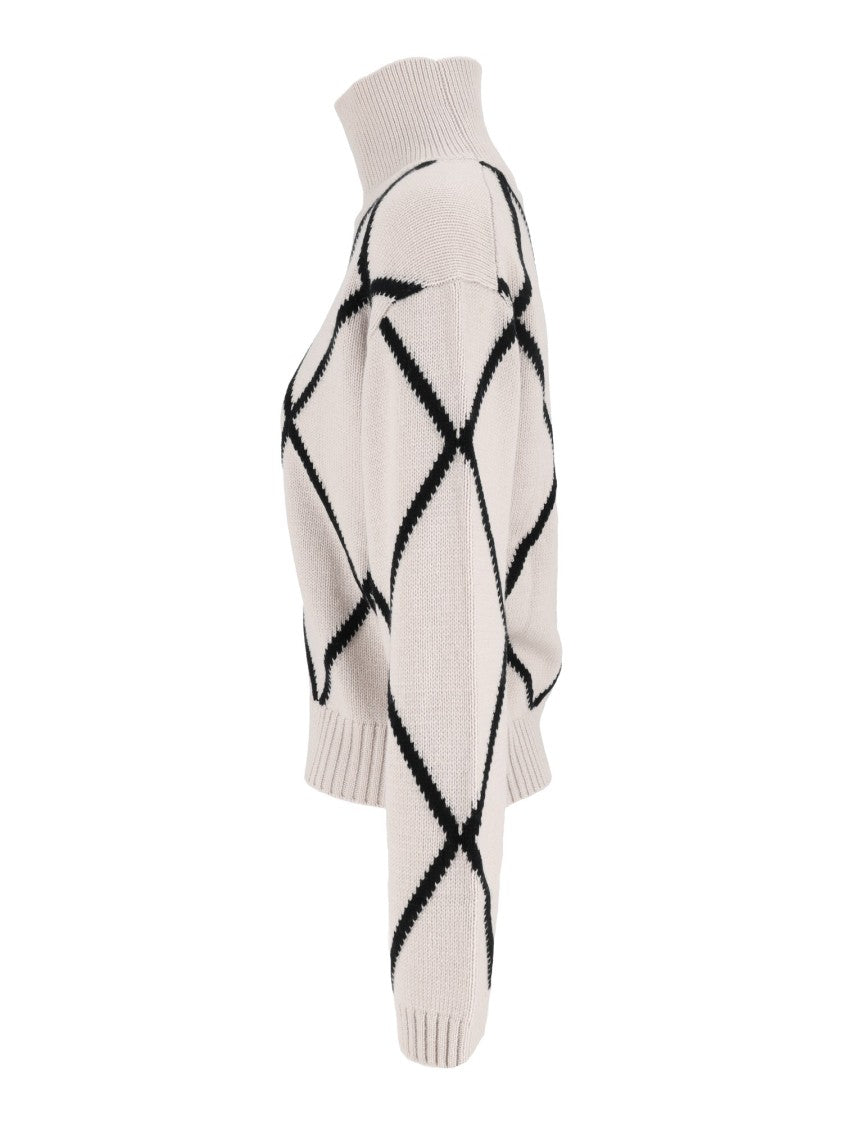 Allude Beige Diamond Pattern Cropped Turtleneck Sweater