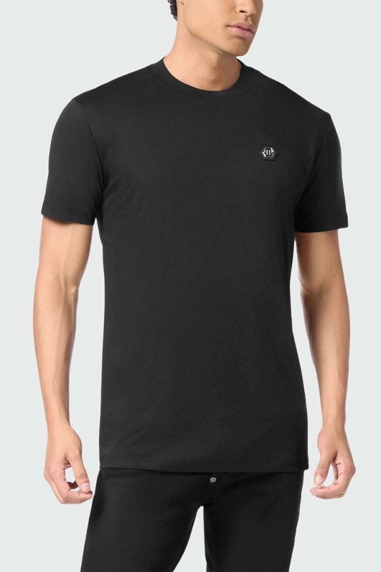 Philipp Plein Black Crewneck Embroidered Hexagon Patch Cotton T-Shirt