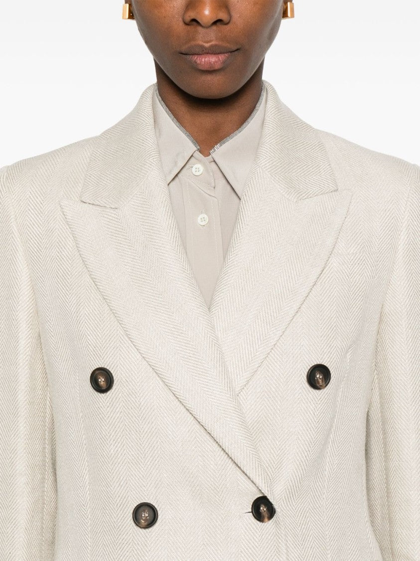 Brunello Cucinelli Beige Herringbone Double-Breasted Blazer