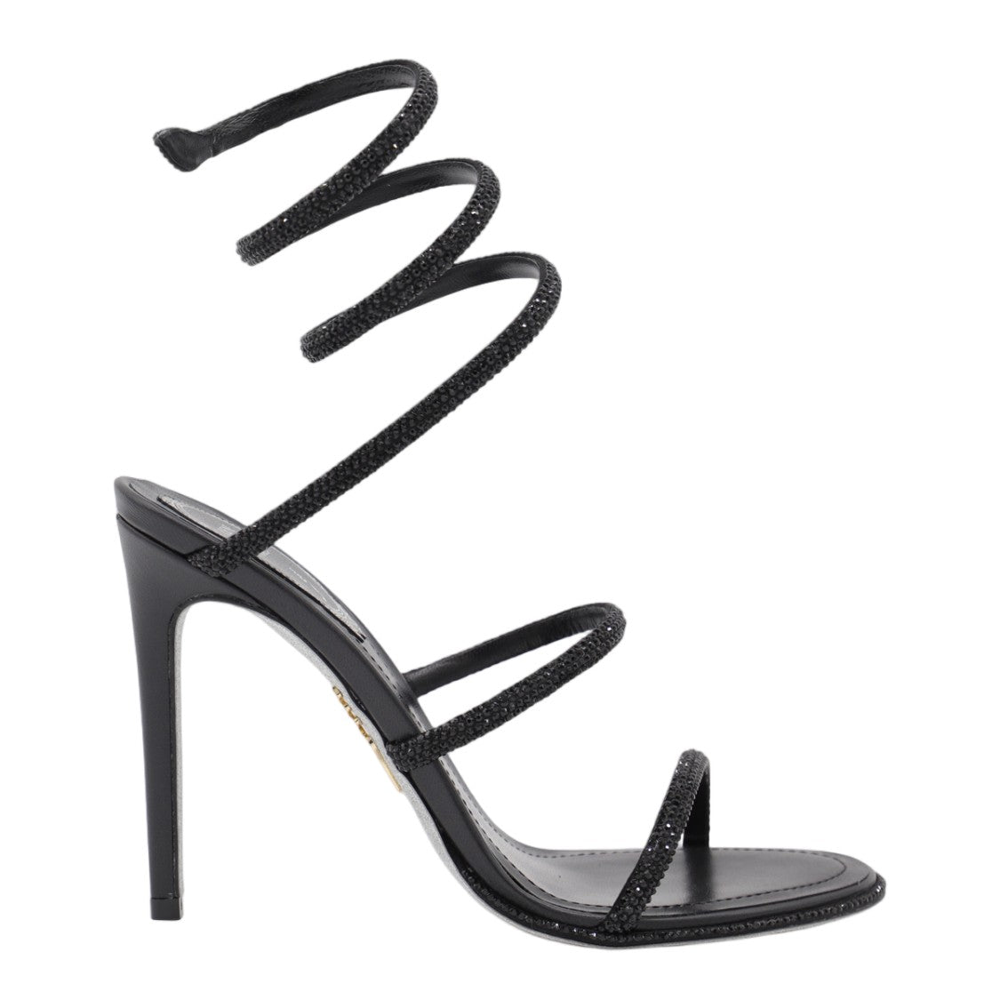 René Caovilla High-Heeled Black Sandals With Spiral Crystal Ankle Strap