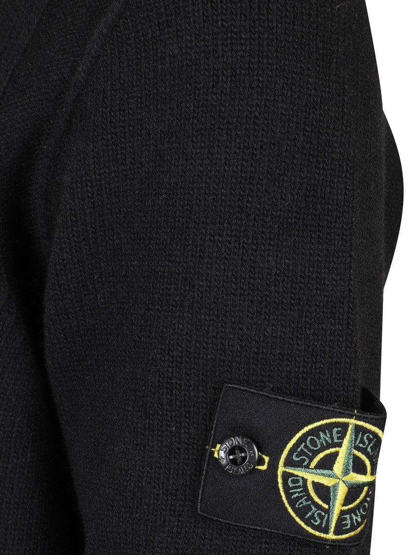Stone Island Ribbed Black Sweater With Signature Logo Patch