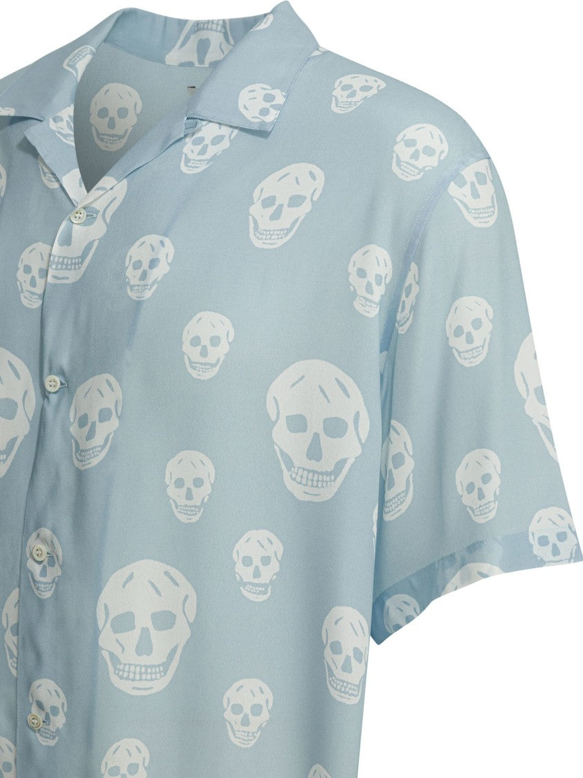 Alexander Mcqueen Light Blue Short-Sleeve Shirt With Iconic Skull Print
