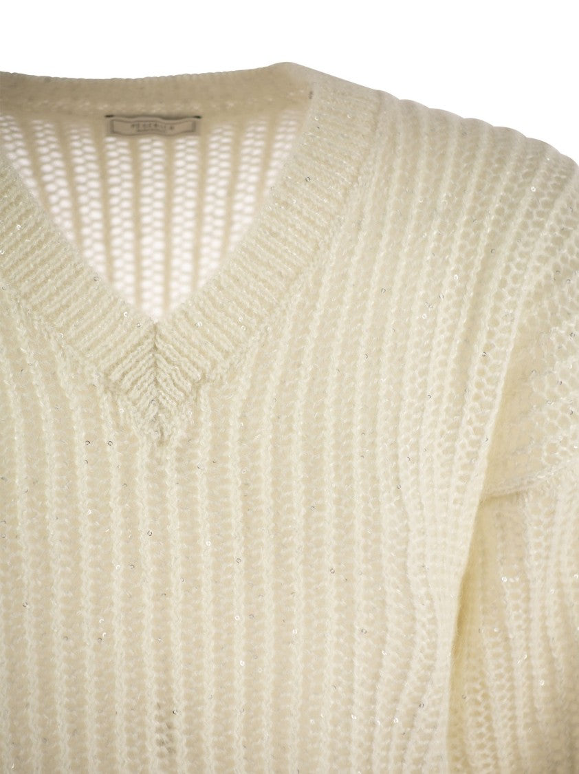 Peserico Tricot Sweater With Micro Sequins And V-Neckline