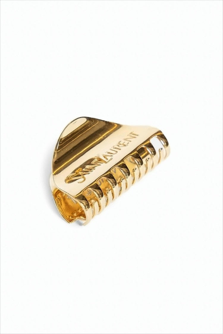 Saint Laurent Polished Gold Metal Hair Clip With Engraved Logo