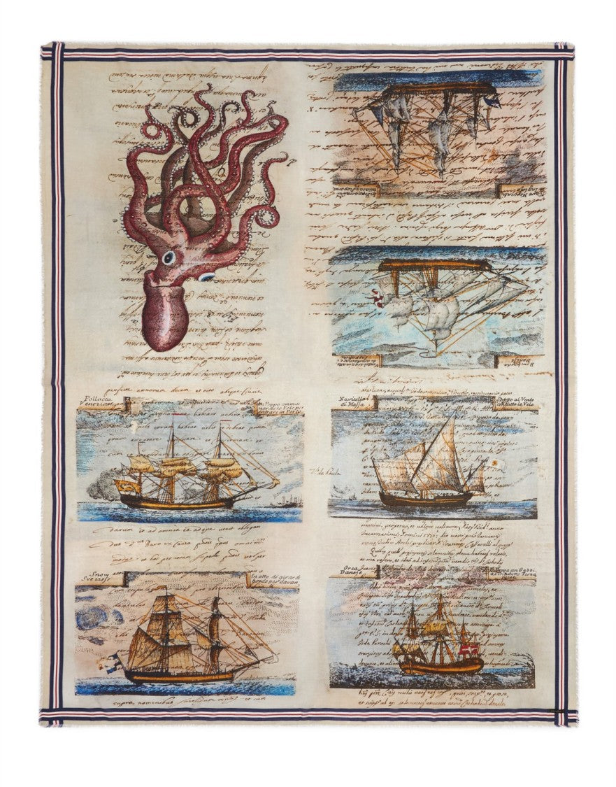 Faliero Sarti Rectangular Modal-Cotton-Cashmere Scarf With Nautical Illustrations