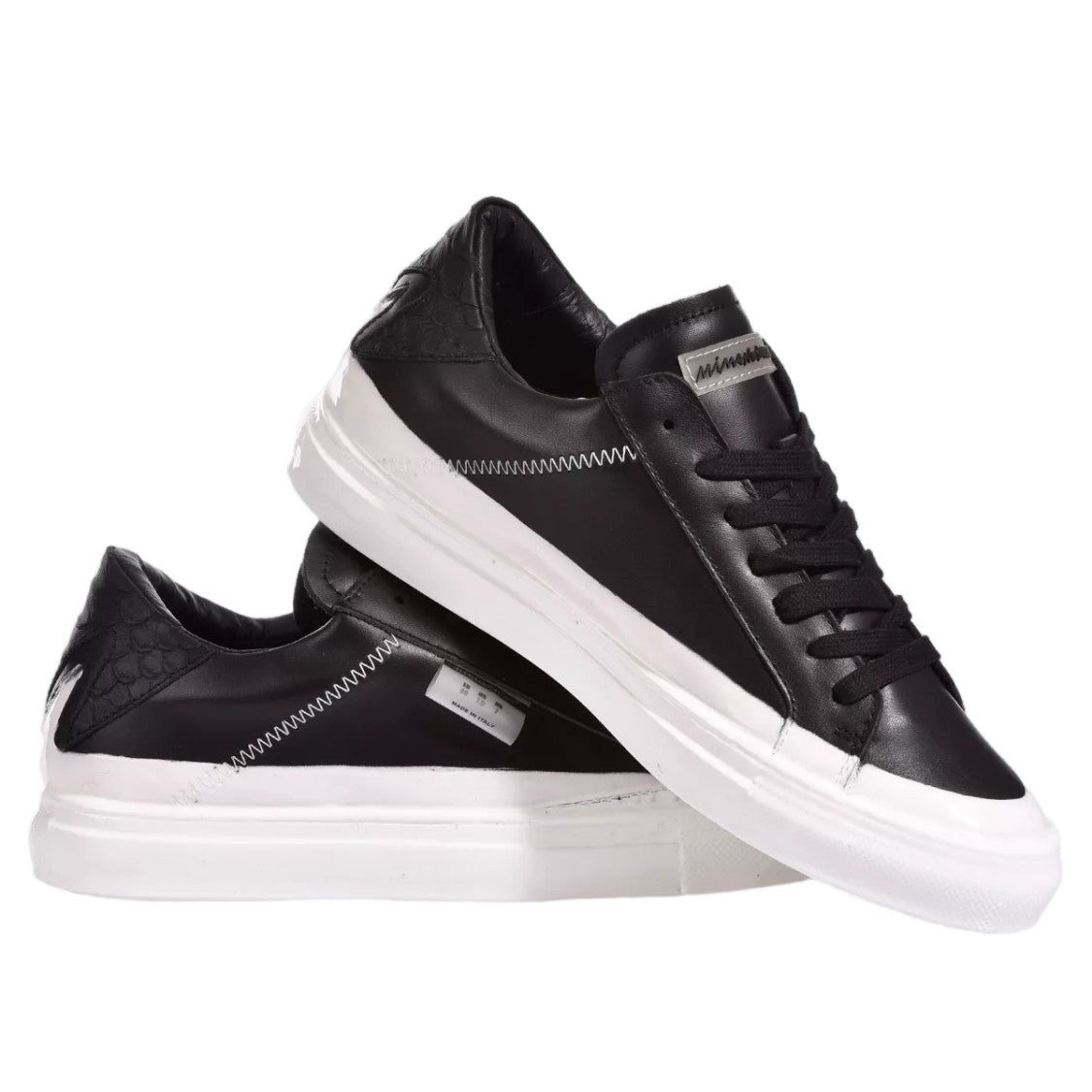 Mimanera White Black Handcrafted Python Print Sneakers