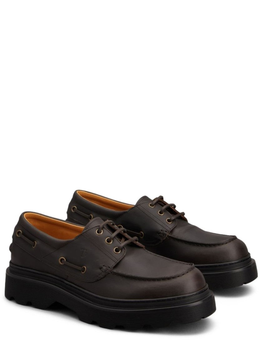Tod's Brown Lace-Up Calfskin Moccasin Style Boat Shoe