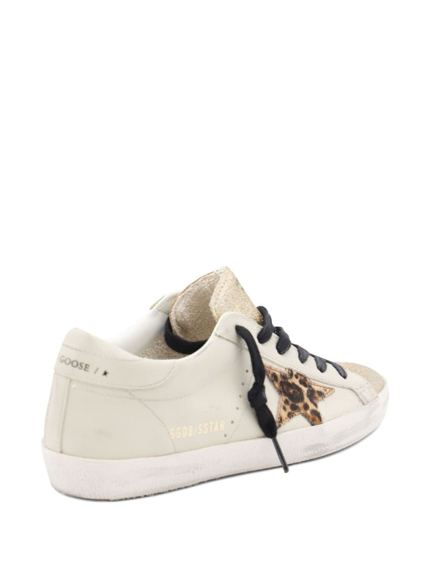 Golden Goose Off-White Leather Sneakers With Leopard-Print Star Patch