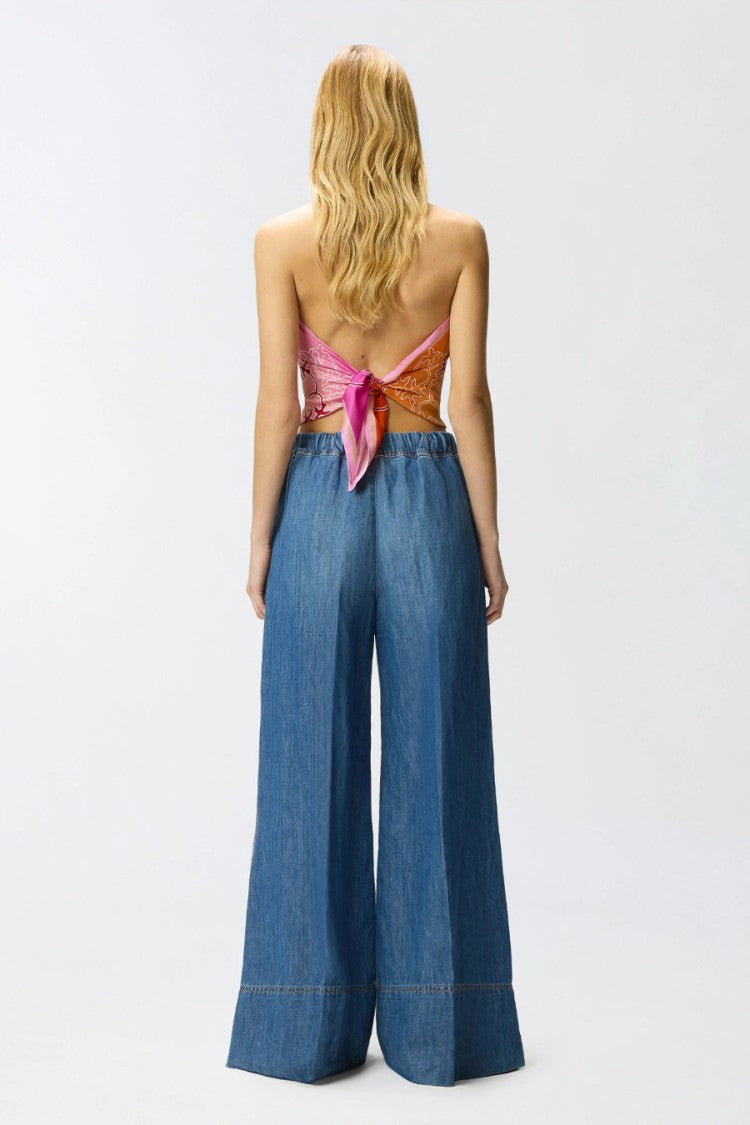 Pinko Blue Cuffed Contrast-Stitched Cotton-Linen Wide-Leg Pants