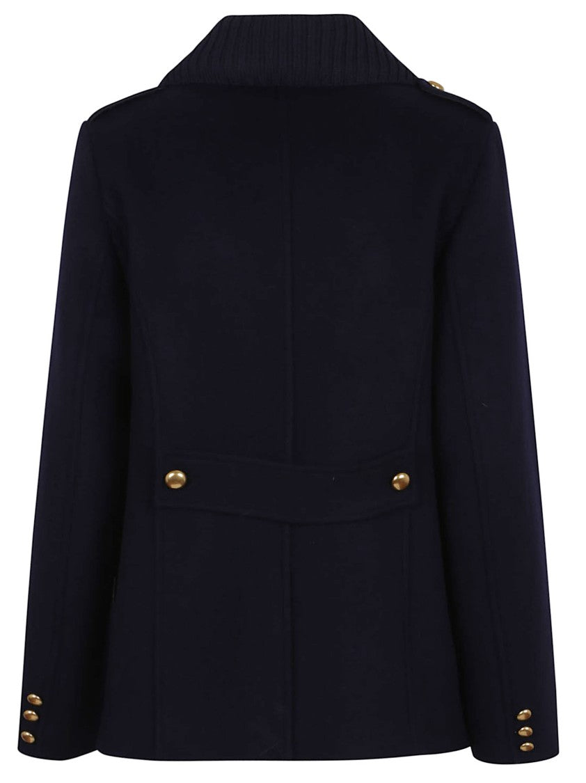 Parosh Pure Wool Blazer With Gold Button Accents And Ribbed Knit Collar