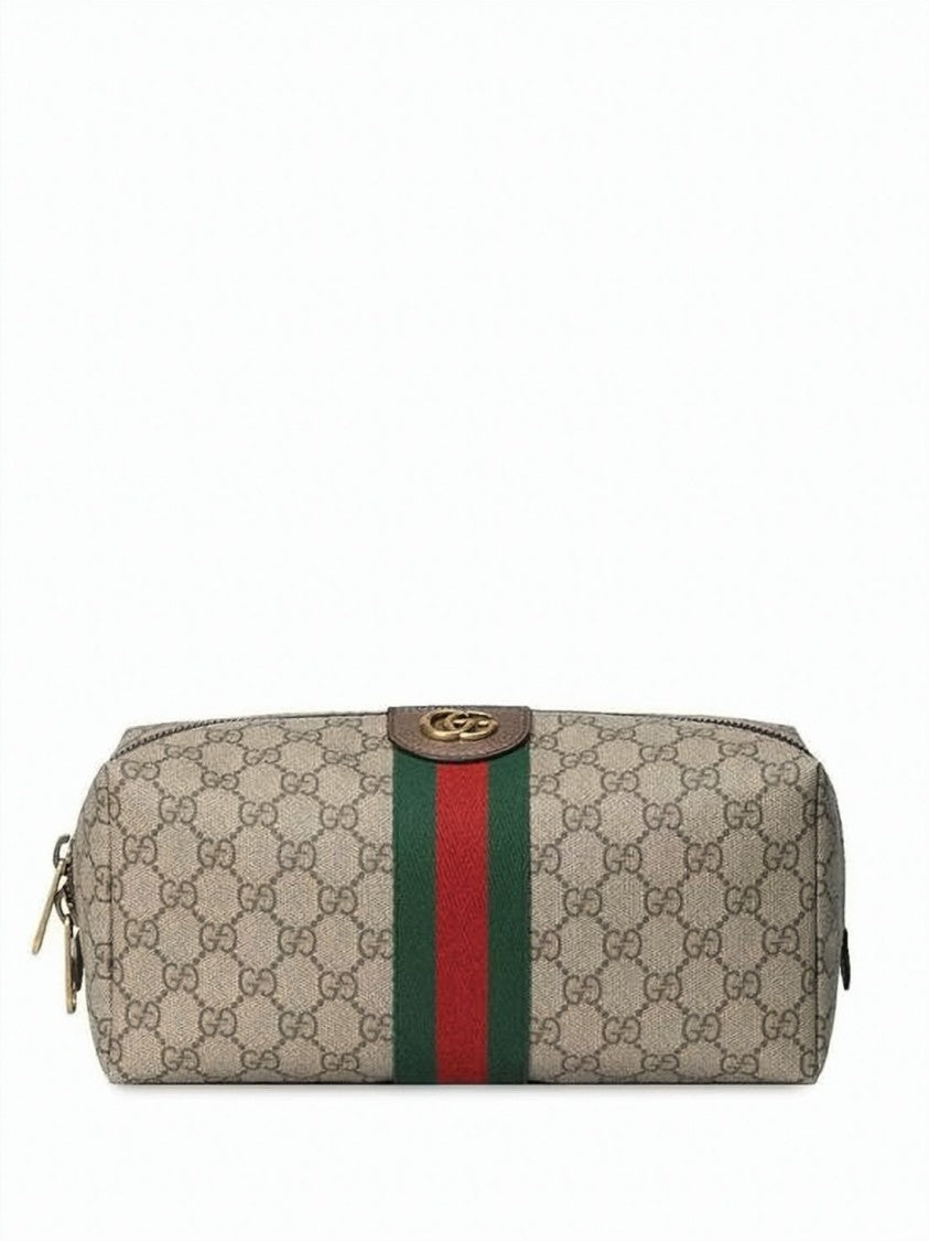 Gucci Beige Canvas Gg Monogram Cosmetic Case With Leather Trim
