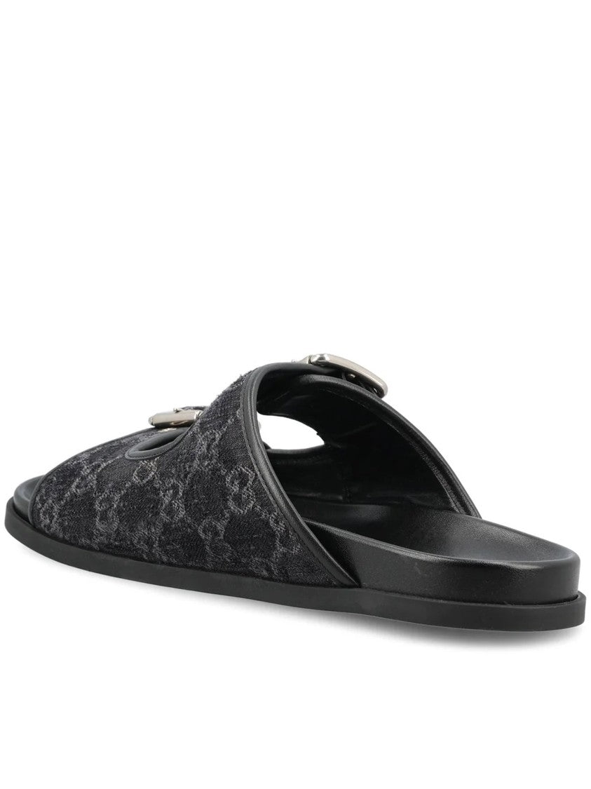 Gucci Black Rhein Slide Gg Denim Sandals