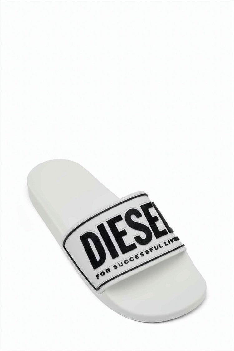Diesel White Slide Sandals With Bold Branding