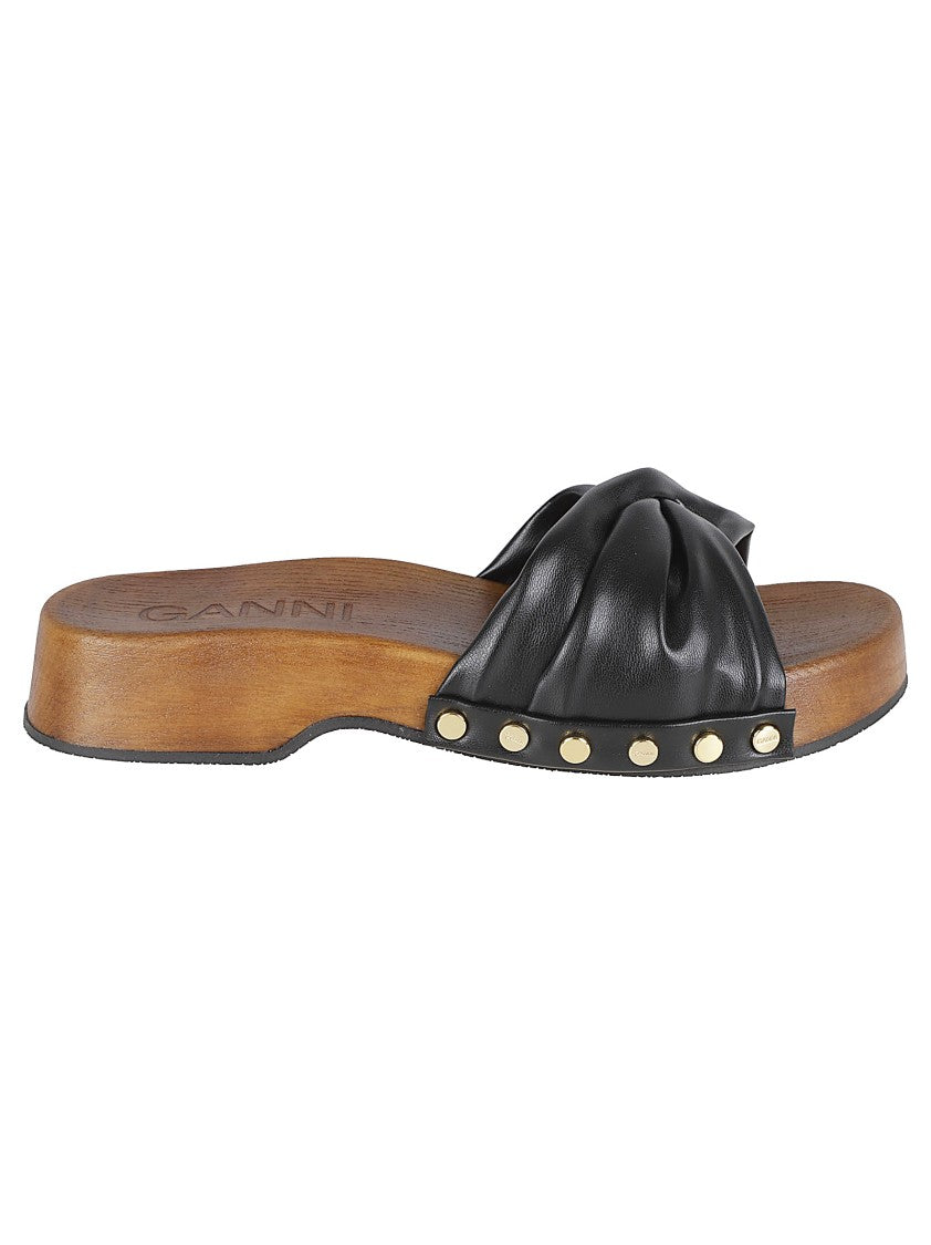 Ganni Knotted Strap Slip-On Sandals With Gold-Stud Accents